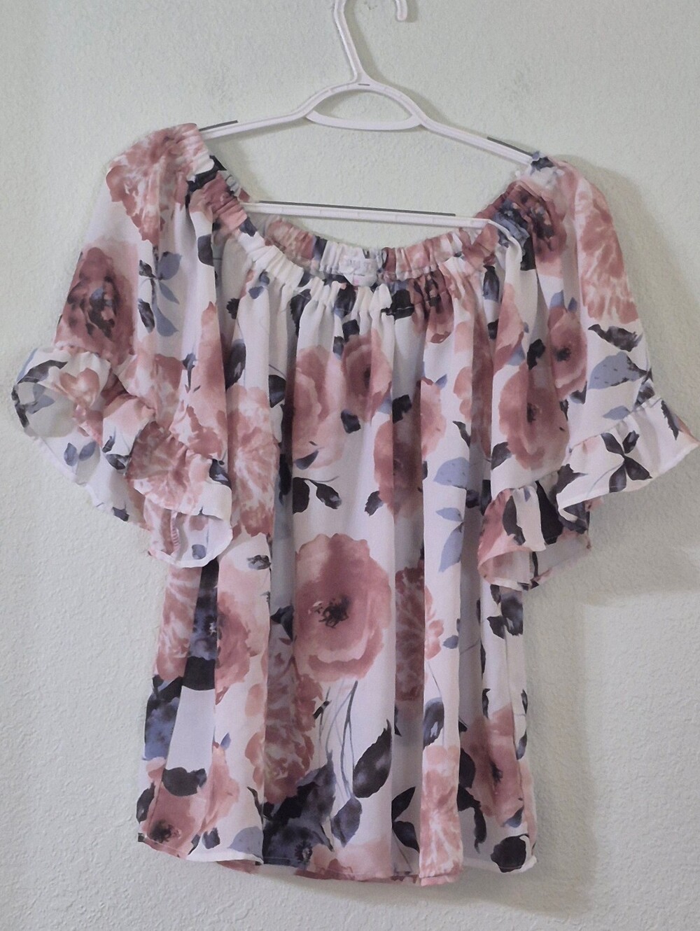 Sienna Sky White Off-Shoulder Floral Top with Blush Pink Roses